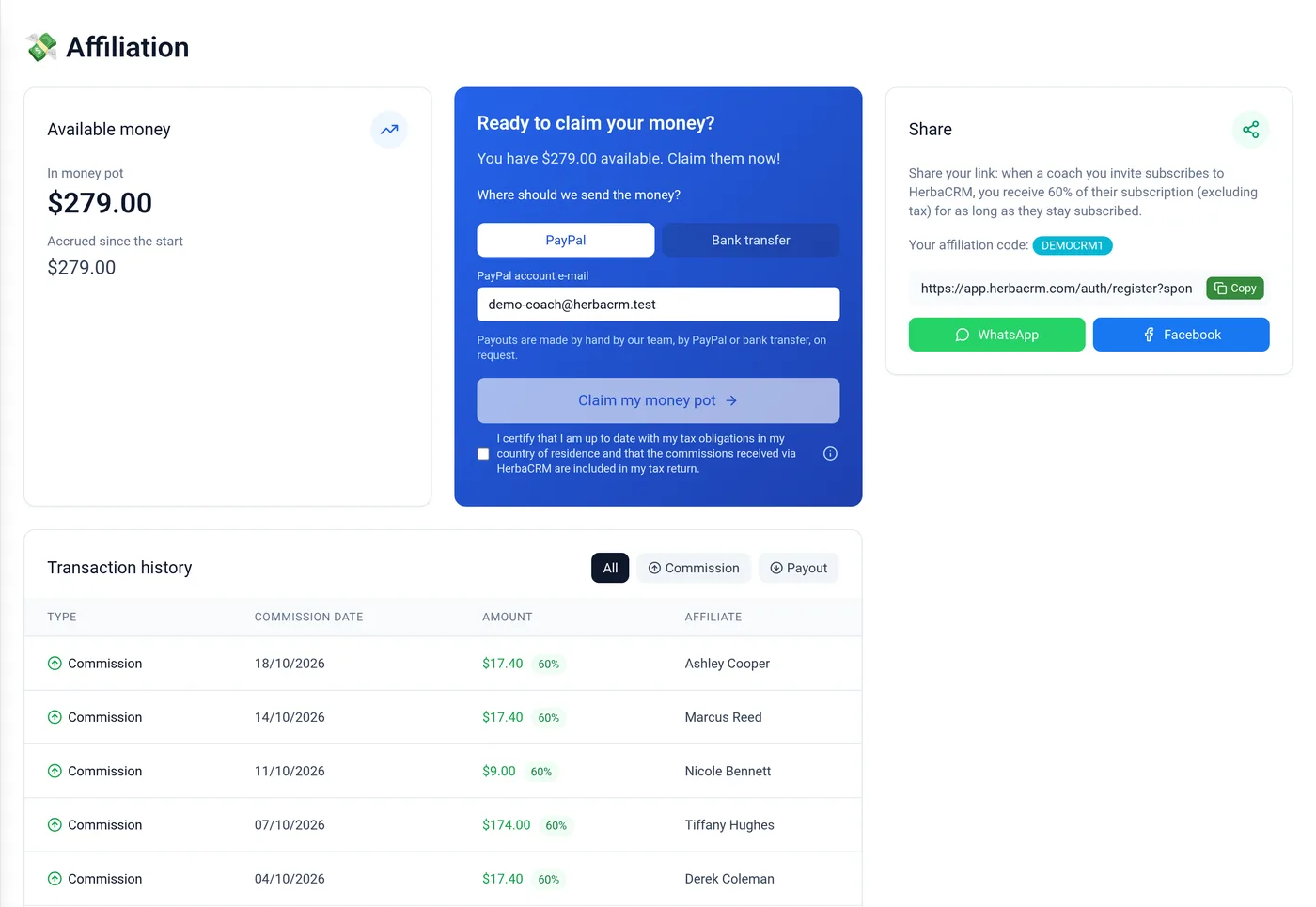 Recommend — A commission when a coach you recommend pays their subscription